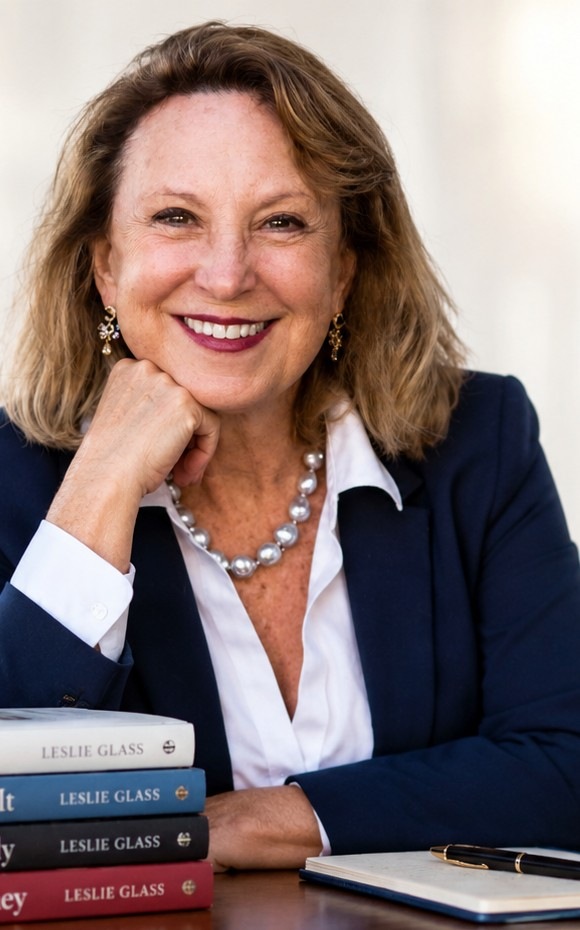 Leslie Glass, New York Times bestselling author, seated with books and a writing notebook